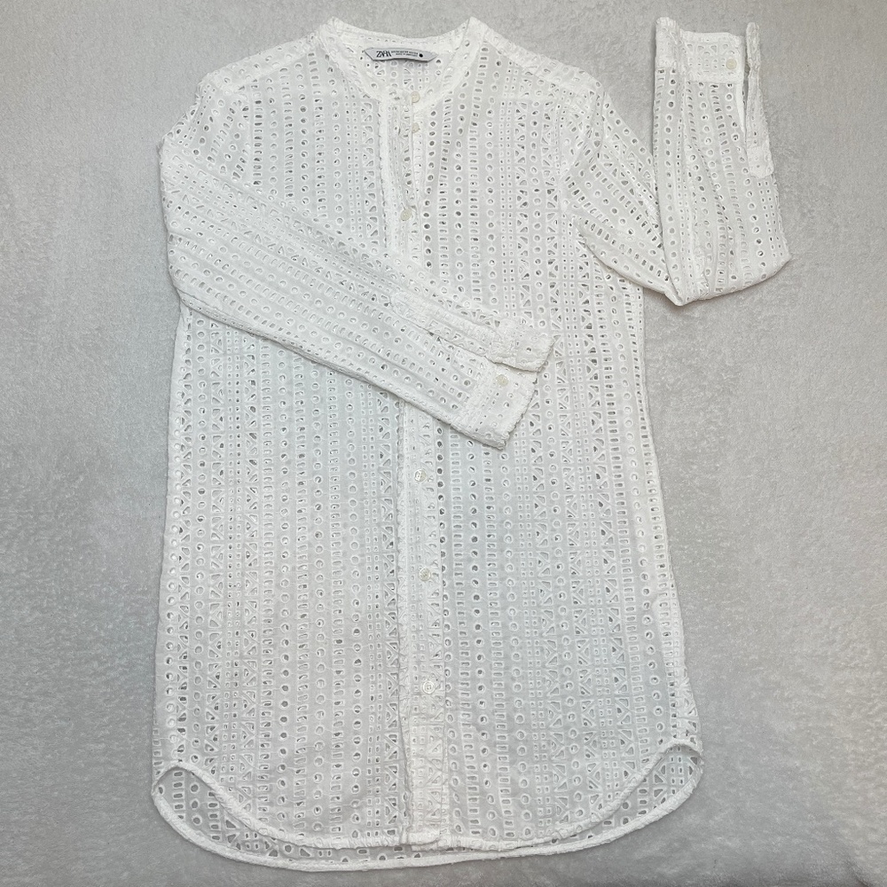 Zara White Eyelet Embroidered Longline Tunic Button Down Shirt Size XS
